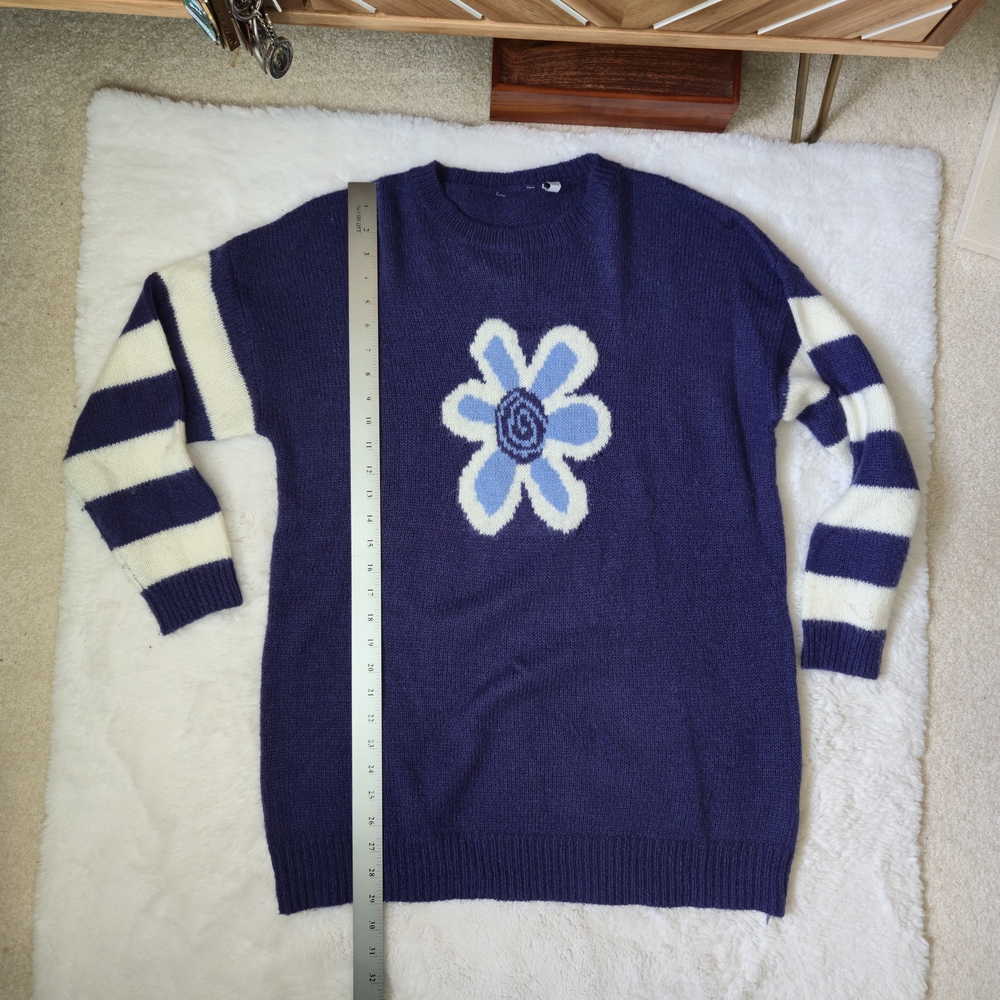 Navy Blue Floral Crewneck Sweater - Women's